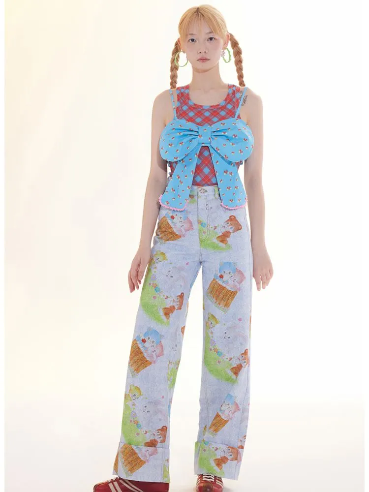 Childish animal print denim loose straight pants【s0000009780】