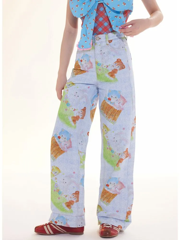 Childish animal print denim loose straight pants【s0000009780】