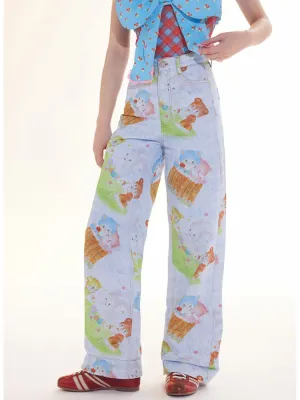 Childish animal print denim loose straight pants【s0000009780】