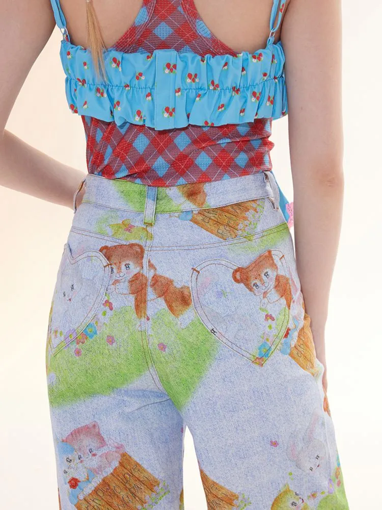 Childish animal print denim loose straight pants【s0000009780】