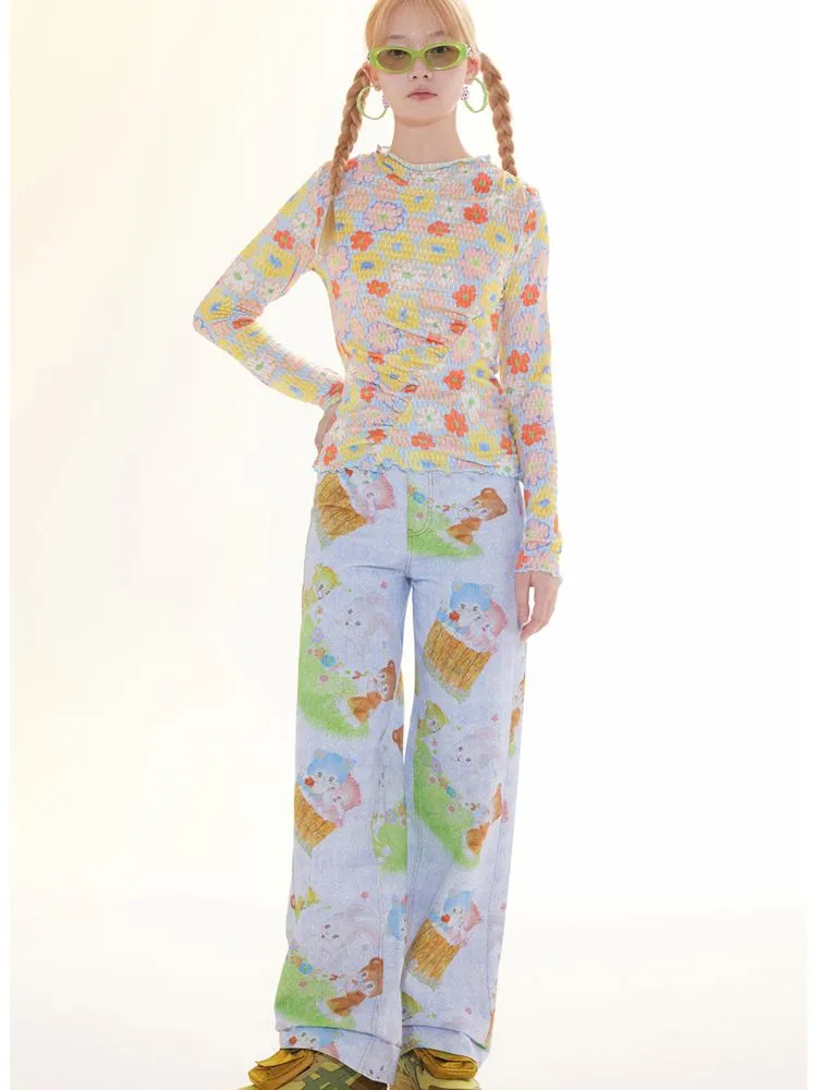 Childish animal print denim loose straight pants【s0000009780】