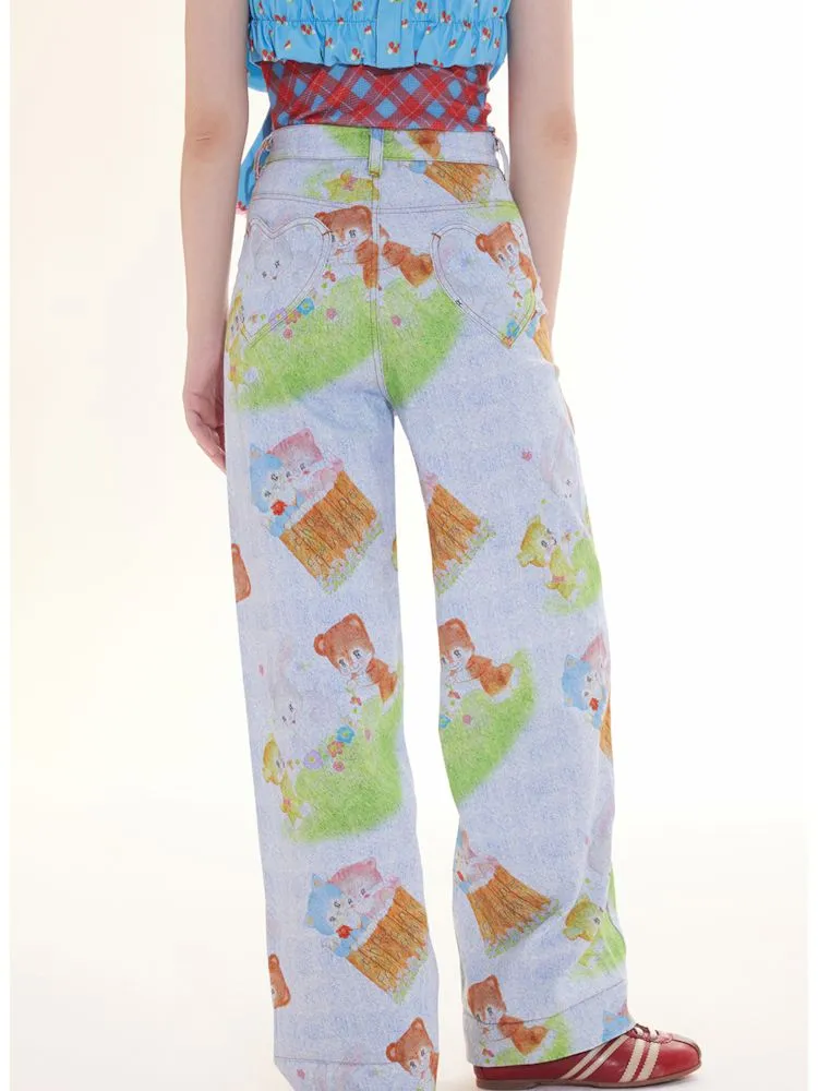 Childish animal print denim loose straight pants【s0000009780】
