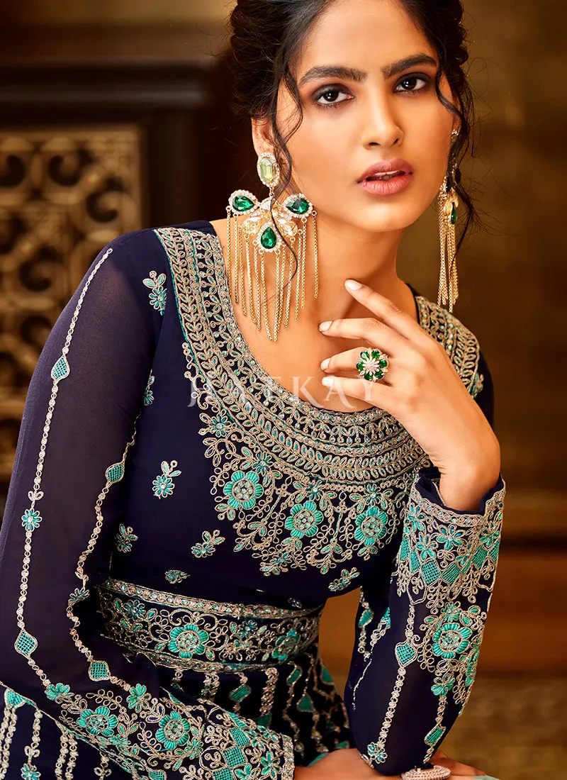 Dark Blue Embroidery Wedding Anarkali Suit