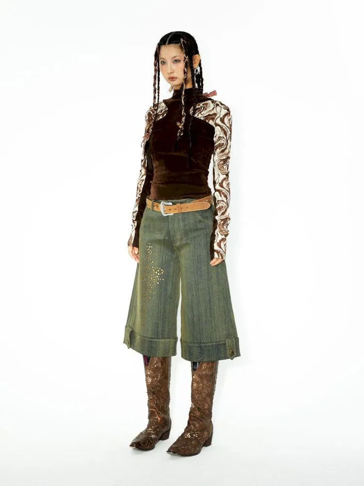 Embellished Rendered Washed Denim Midi Pants【s0000006271】