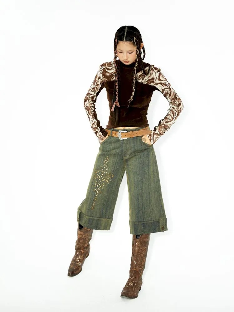 Embellished Rendered Washed Denim Midi Pants【s0000006271】