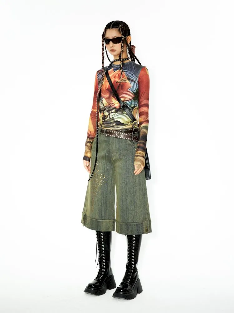 Embellished Rendered Washed Denim Midi Pants【s0000006271】