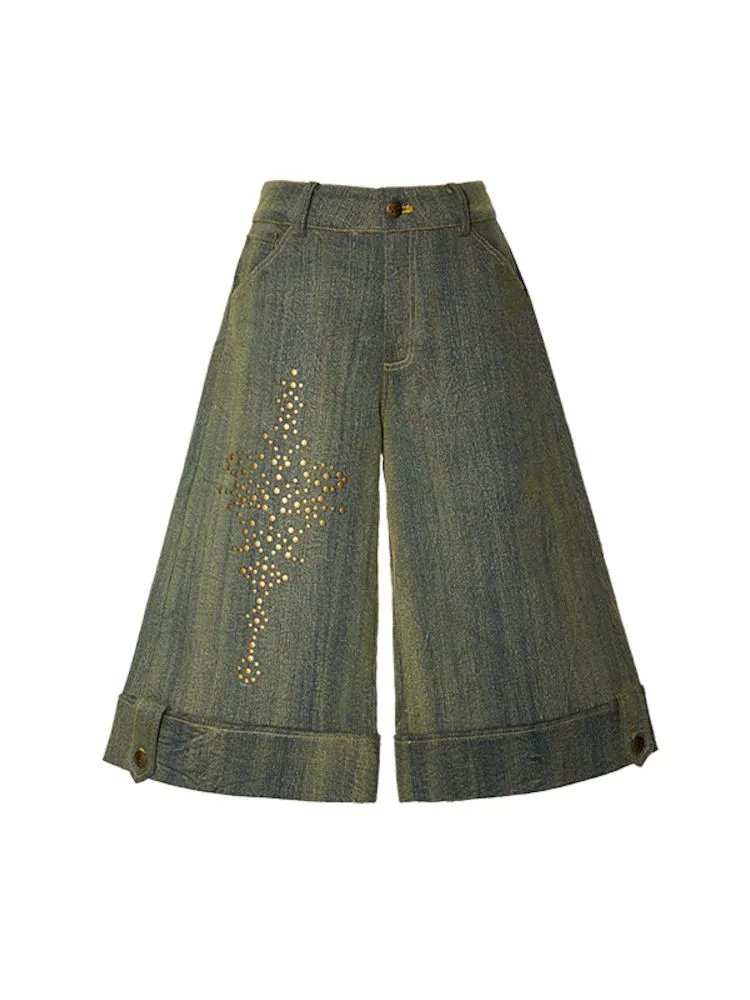 Embellished Rendered Washed Denim Midi Pants【s0000006271】