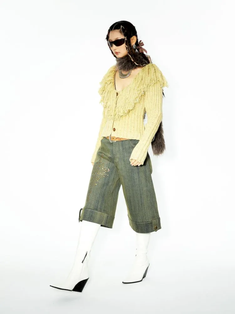 Embellished Rendered Washed Denim Midi Pants【s0000006271】