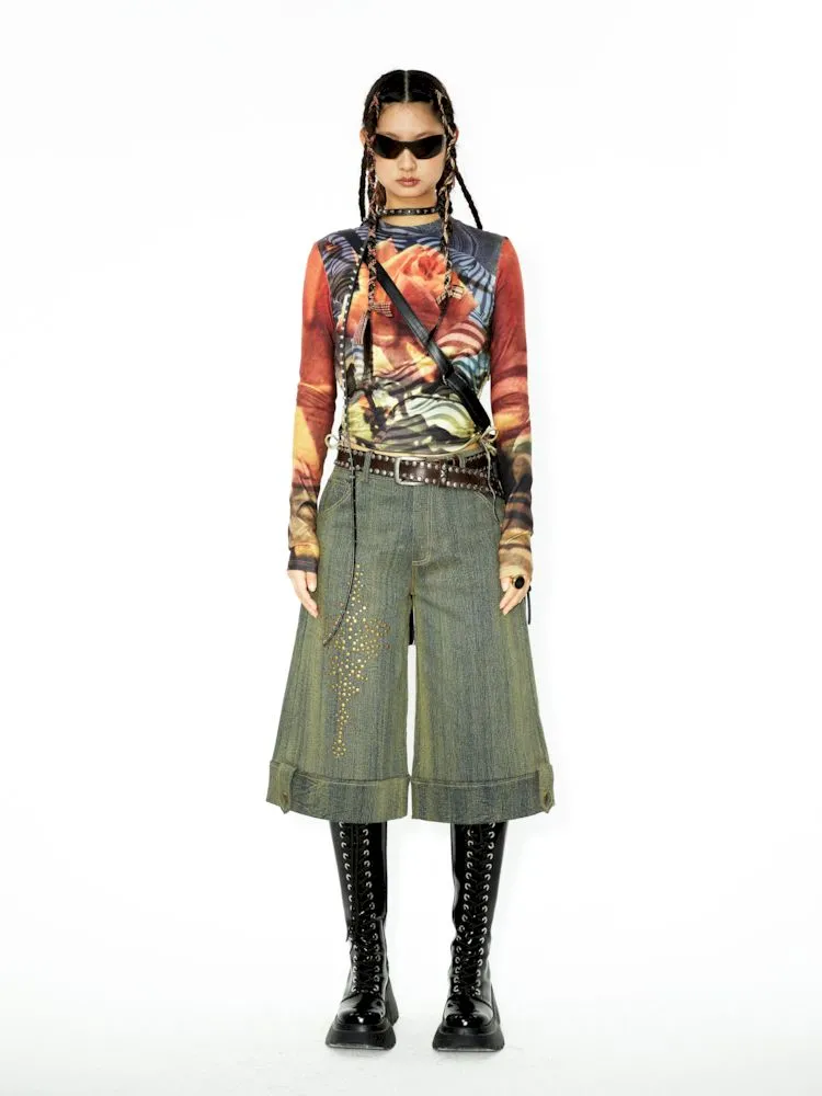 Embellished Rendered Washed Denim Midi Pants【s0000006271】