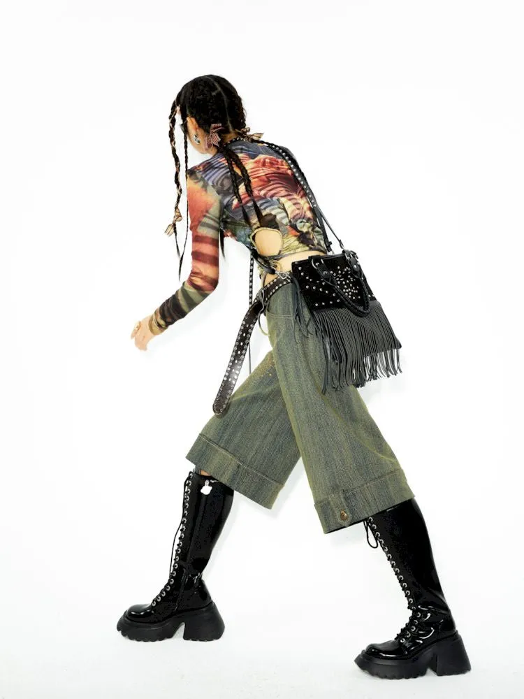 Embellished Rendered Washed Denim Midi Pants【s0000006271】