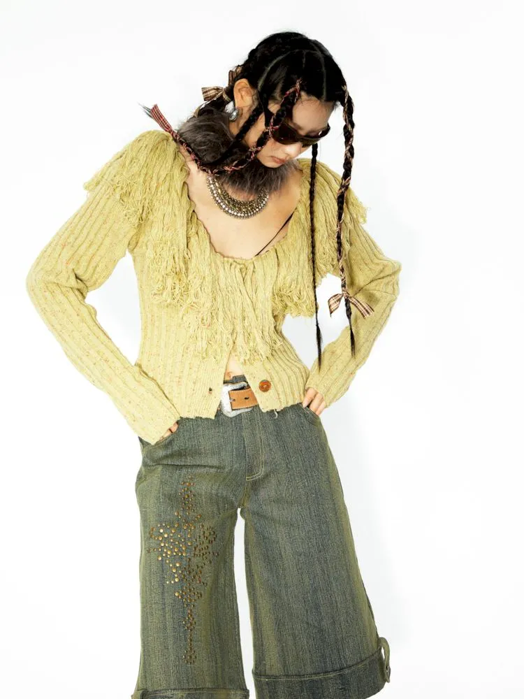 Embellished Rendered Washed Denim Midi Pants【s0000006271】