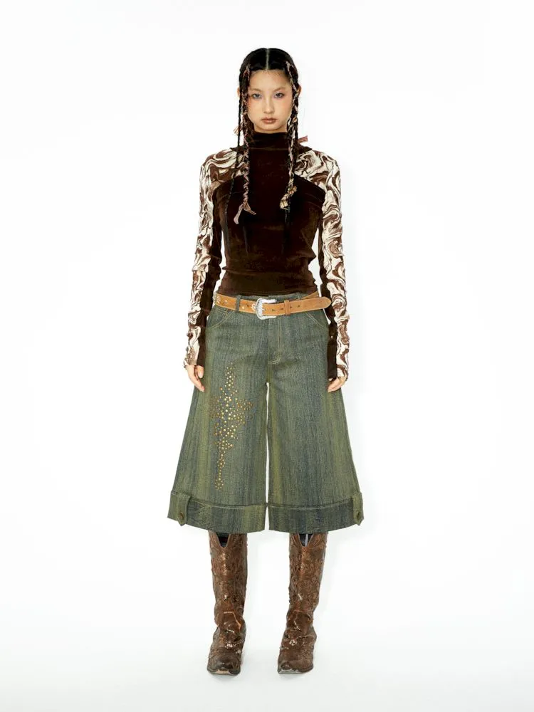 Embellished Rendered Washed Denim Midi Pants【s0000006271】