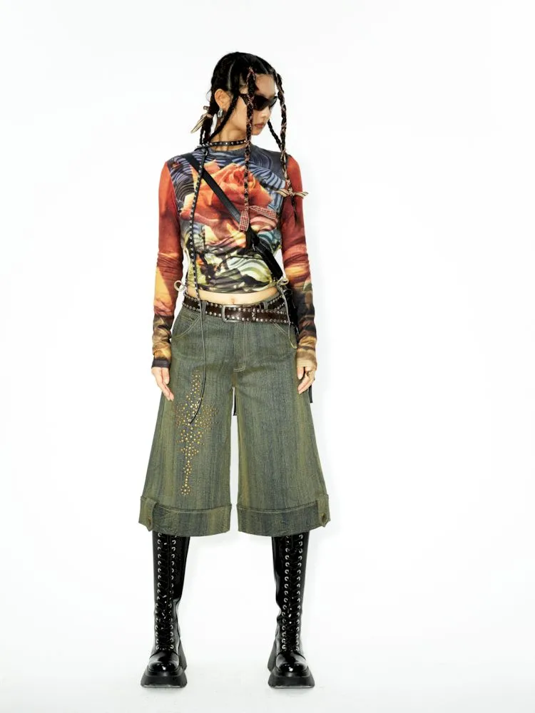 Embellished Rendered Washed Denim Midi Pants【s0000006271】