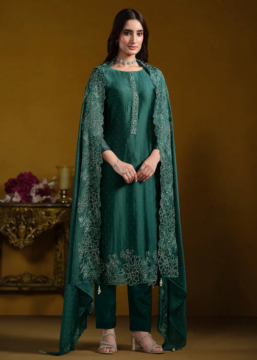 Fabulous Green Georgette Festive Pant Salwar Suit