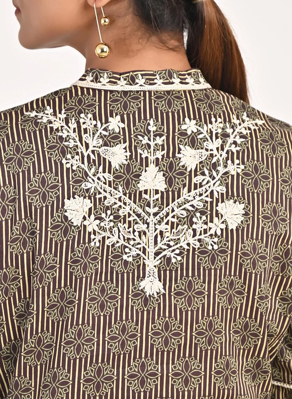Floral Stripe Brown Tunic with Dori Embroidery