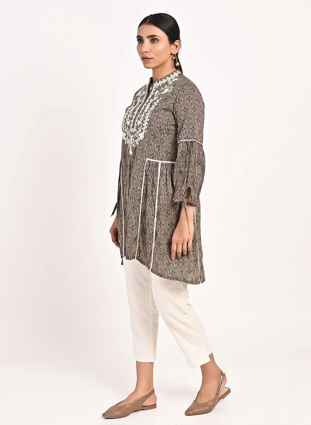 Floral Stripe Brown Tunic with Dori Embroidery