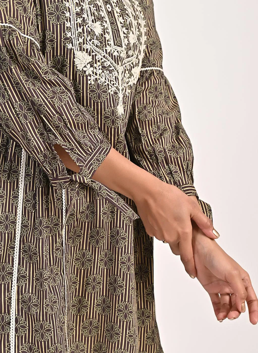 Floral Stripe Brown Tunic with Dori Embroidery
