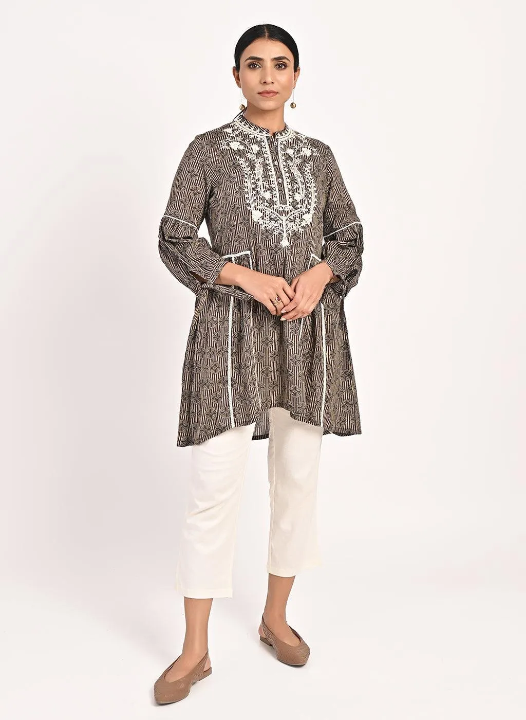 Floral Stripe Brown Tunic with Dori Embroidery