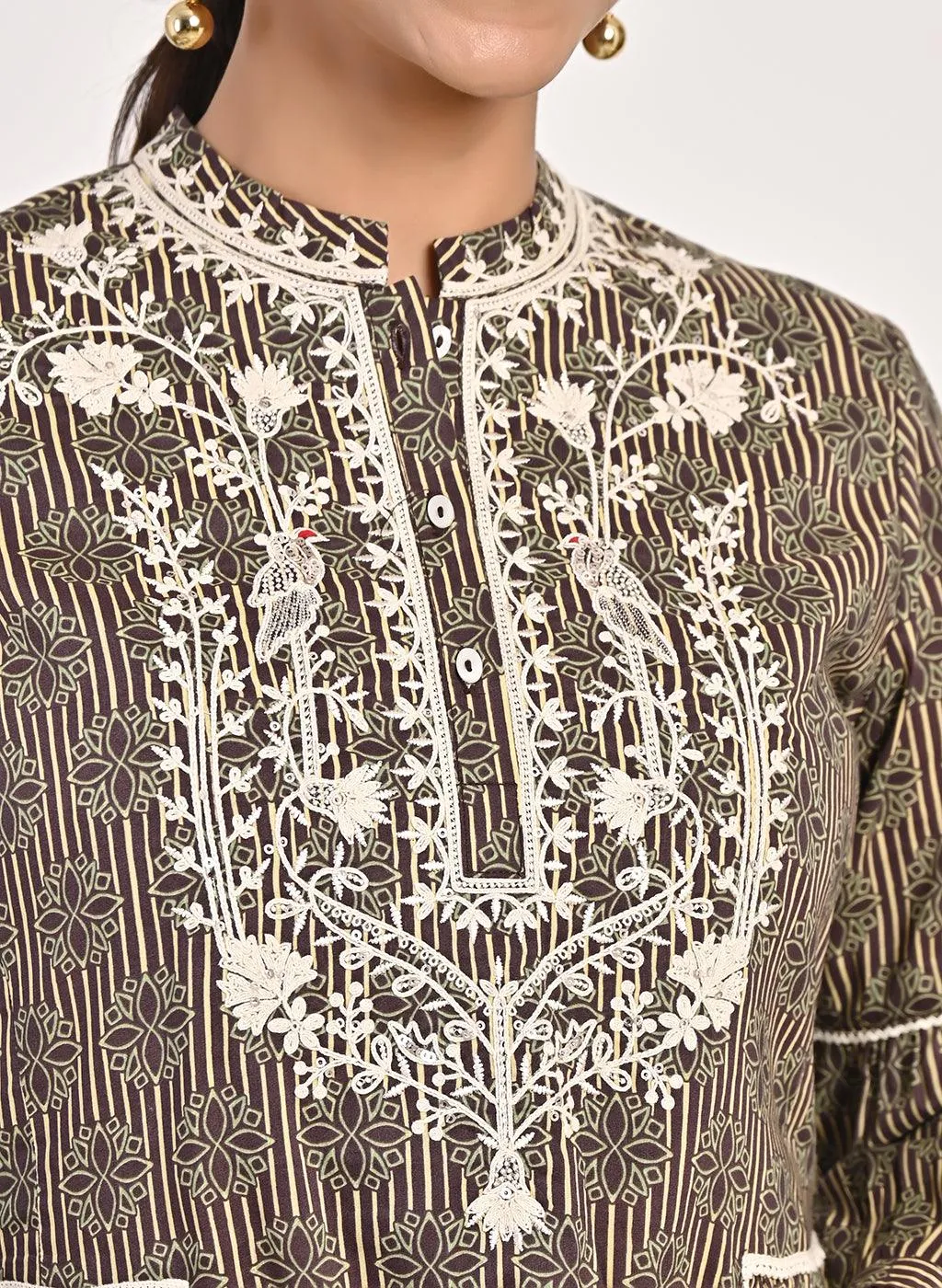 Floral Stripe Brown Tunic with Dori Embroidery