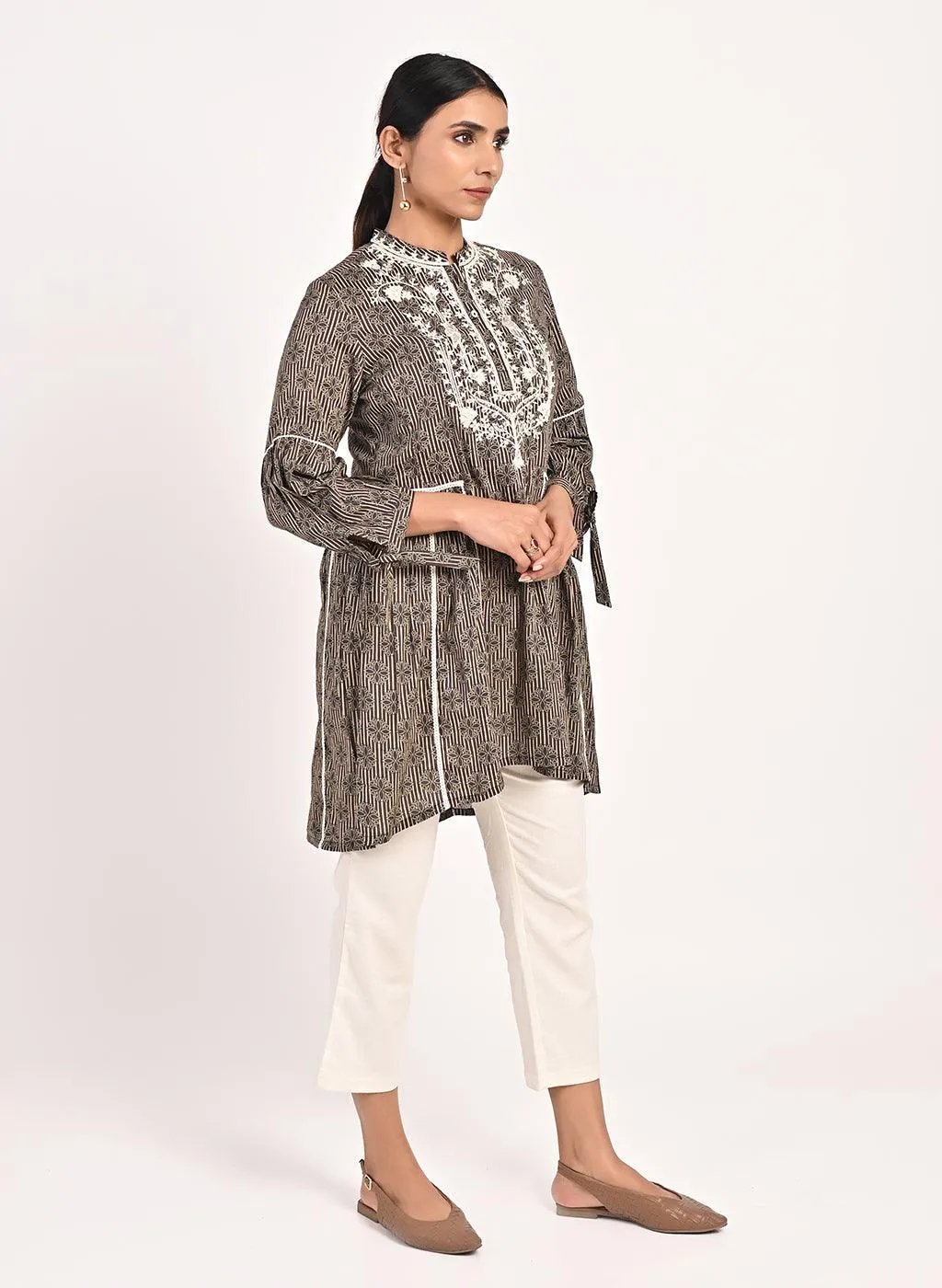 Floral Stripe Brown Tunic with Dori Embroidery
