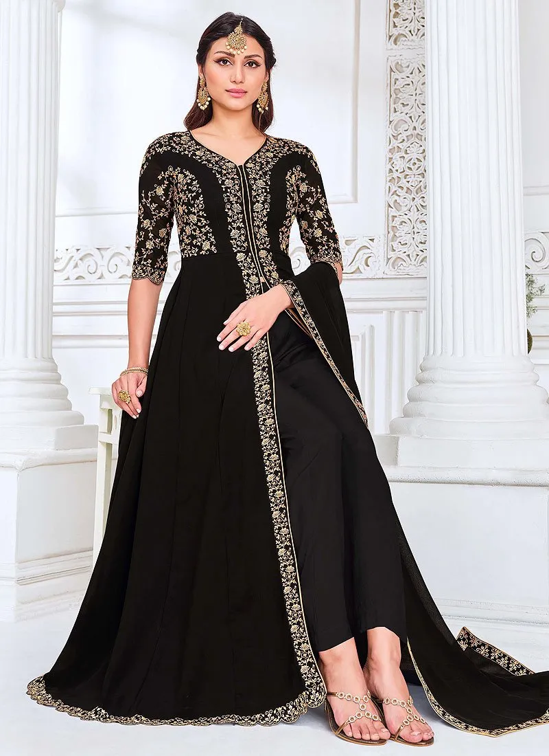 Front Slit Black Zari Embroidered Anarkali Suit