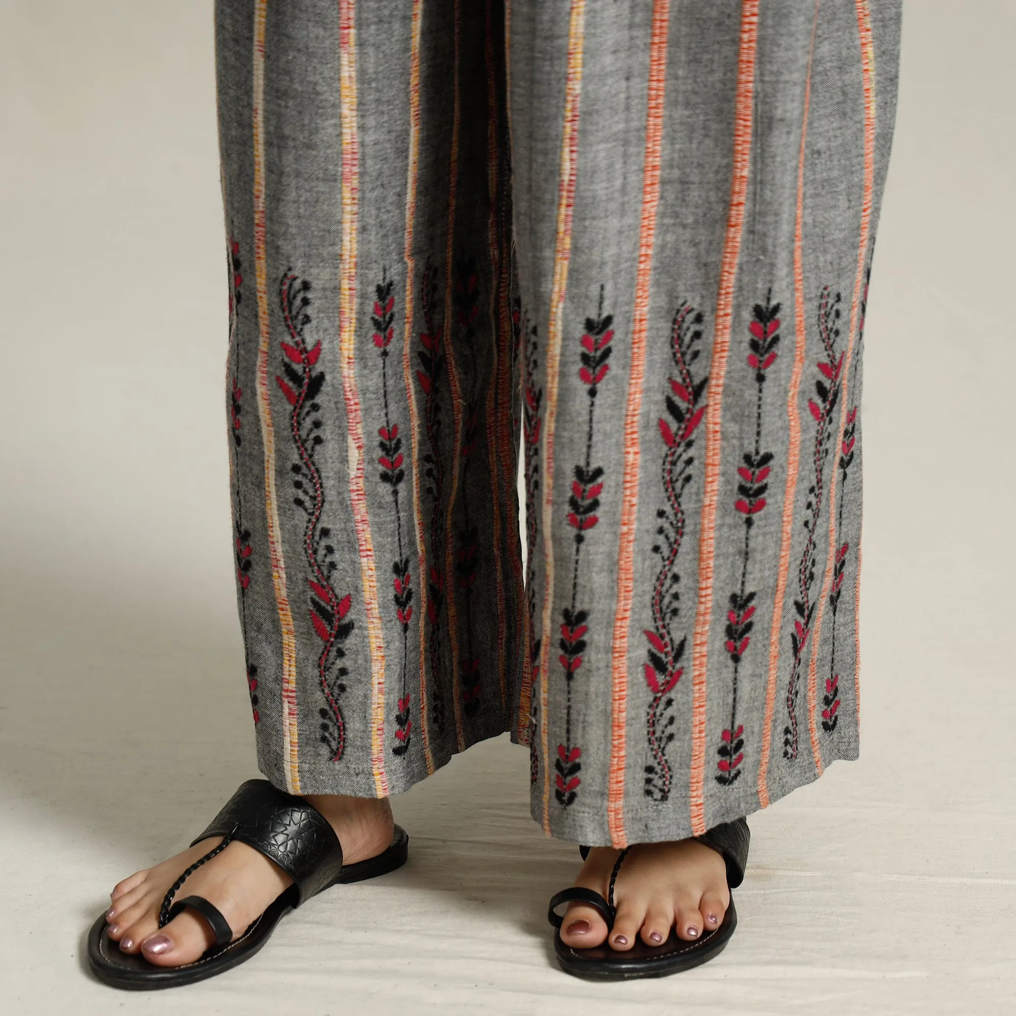 Grey - Bengal Khesh Weaving Kantha Embroidery Cotton Palazzo 67