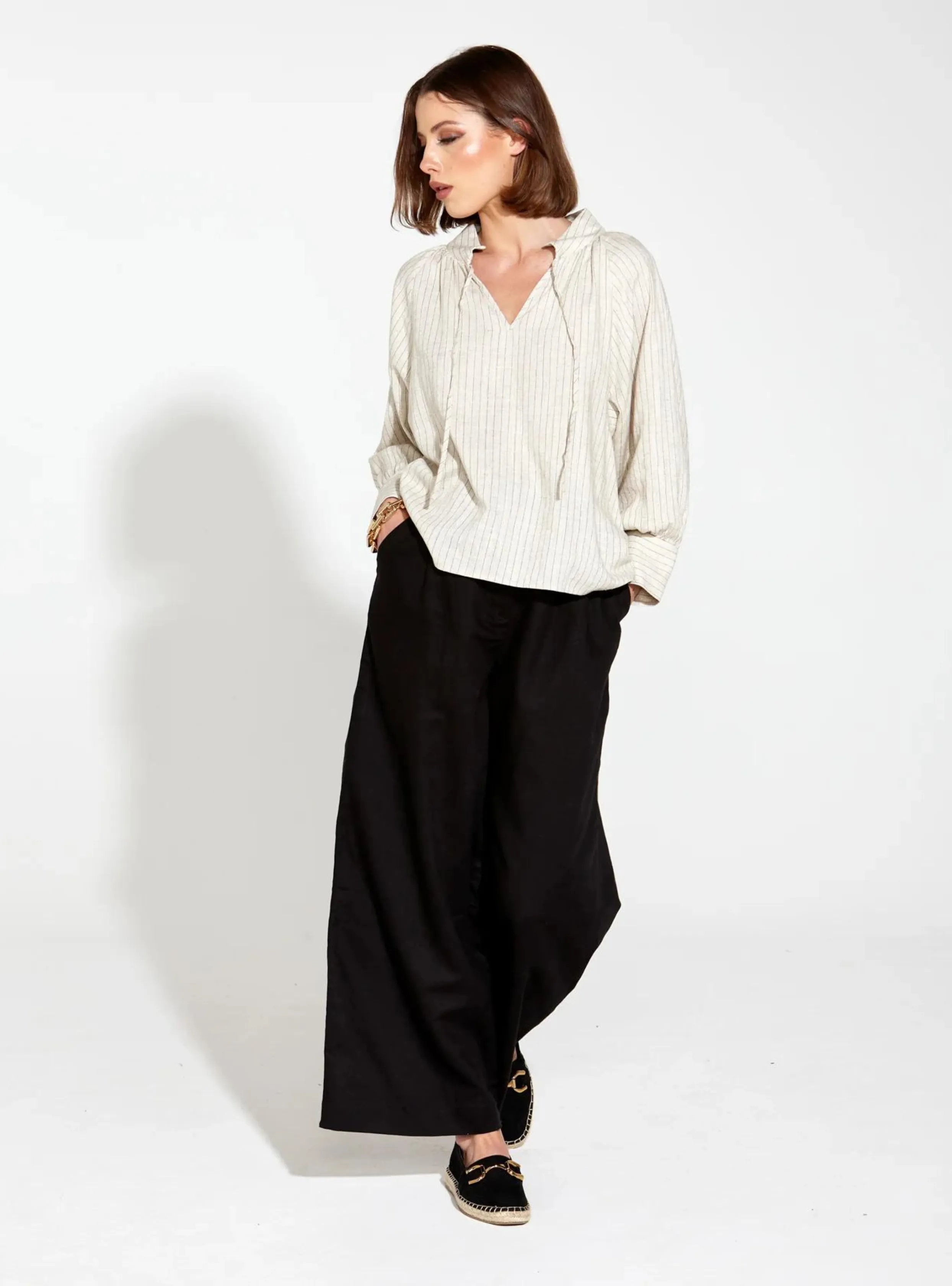 HERITAGE LINEN WIDE LEG PANT - Black