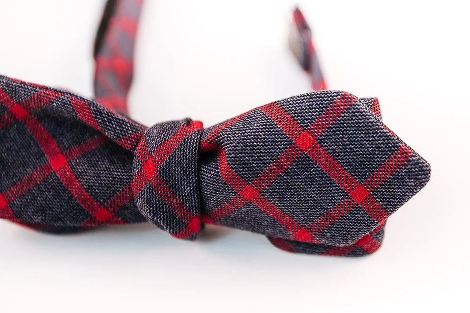 Indigo & Red Cotton Window Pane Plaid Bow Tie Slim Diamond Tip