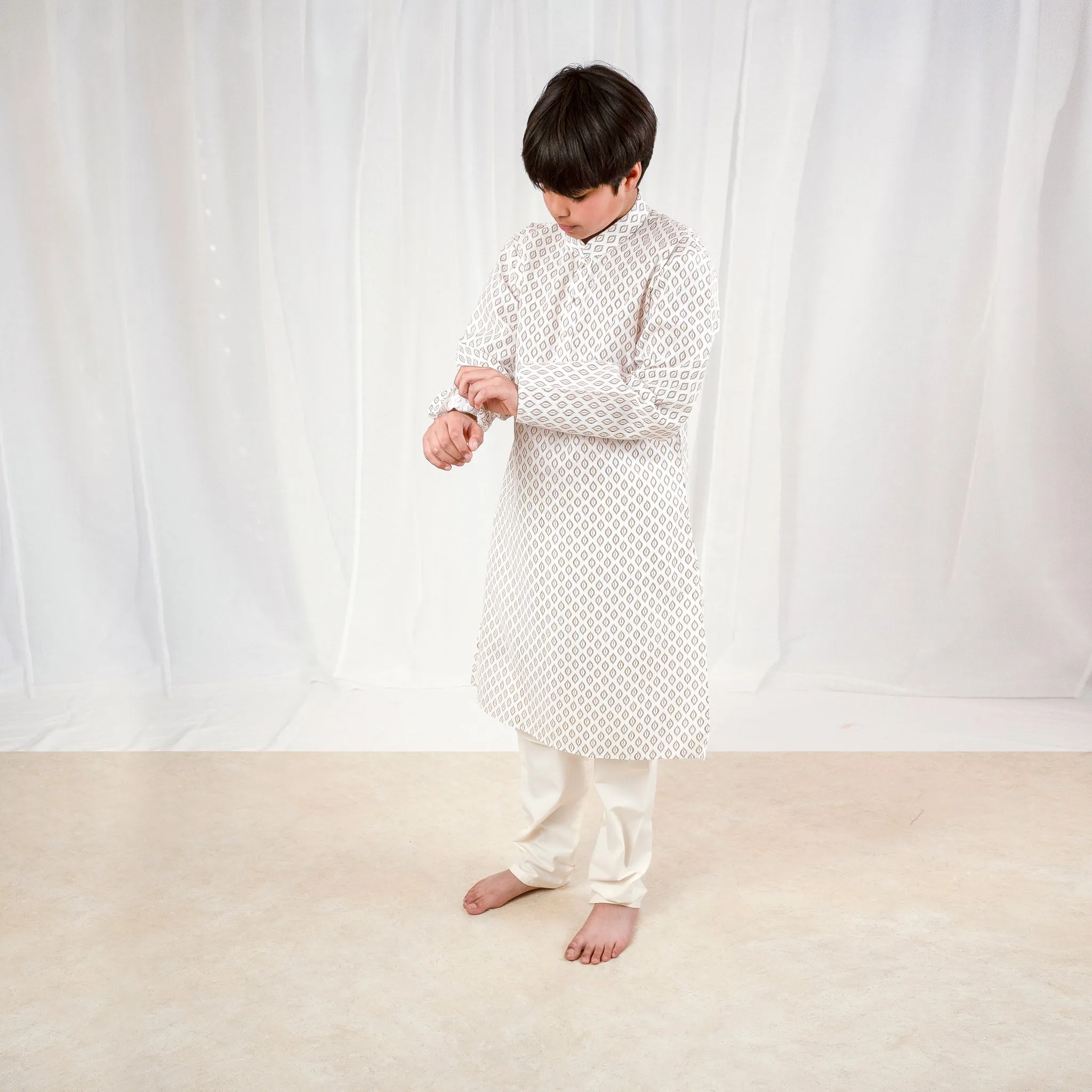 JATIN - Printed White and Brown Cotton Kurta Pajama
