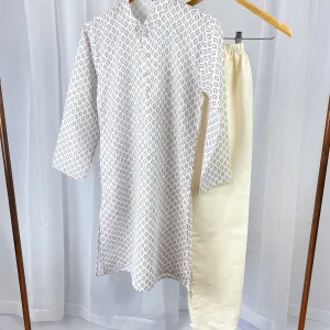 JATIN - Printed White and Brown Cotton Kurta Pajama