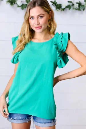 Kelly Green Double Ruffle Sleeve Crinkle Top (Open Pack)