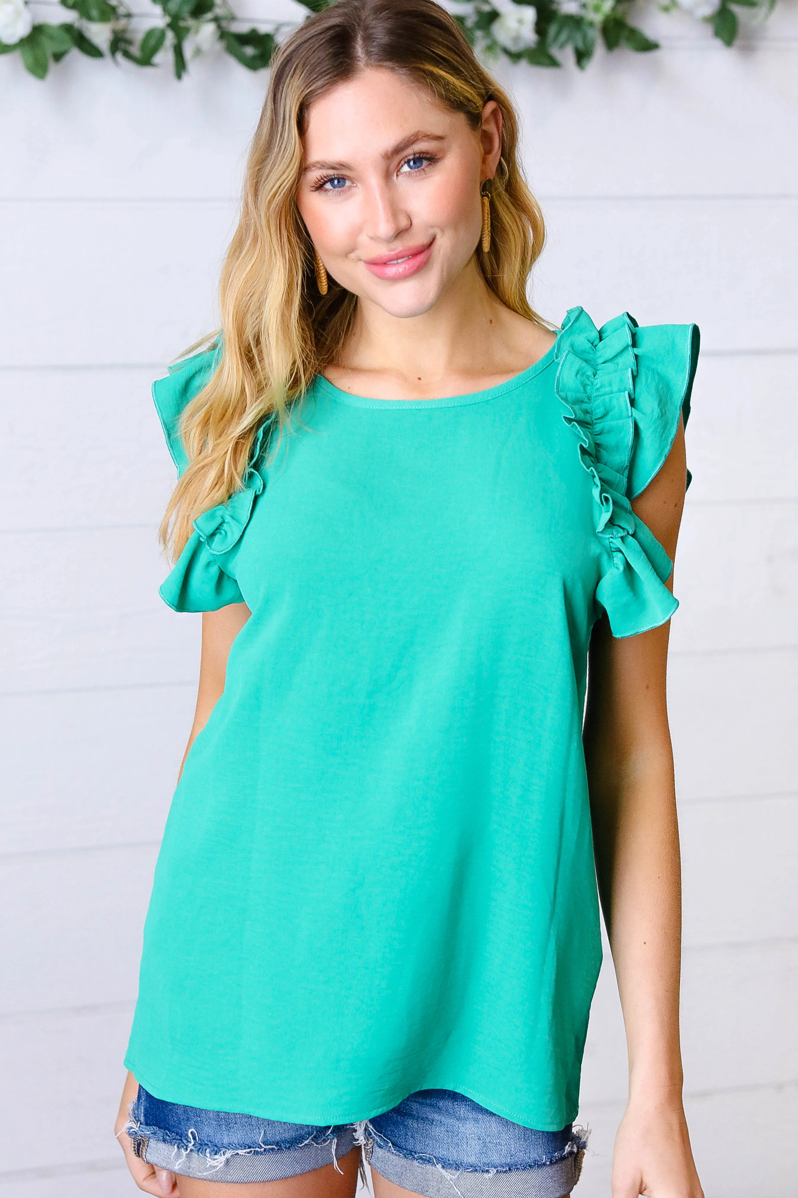 Kelly Green Double Ruffle Sleeve Crinkle Top (Open Pack)