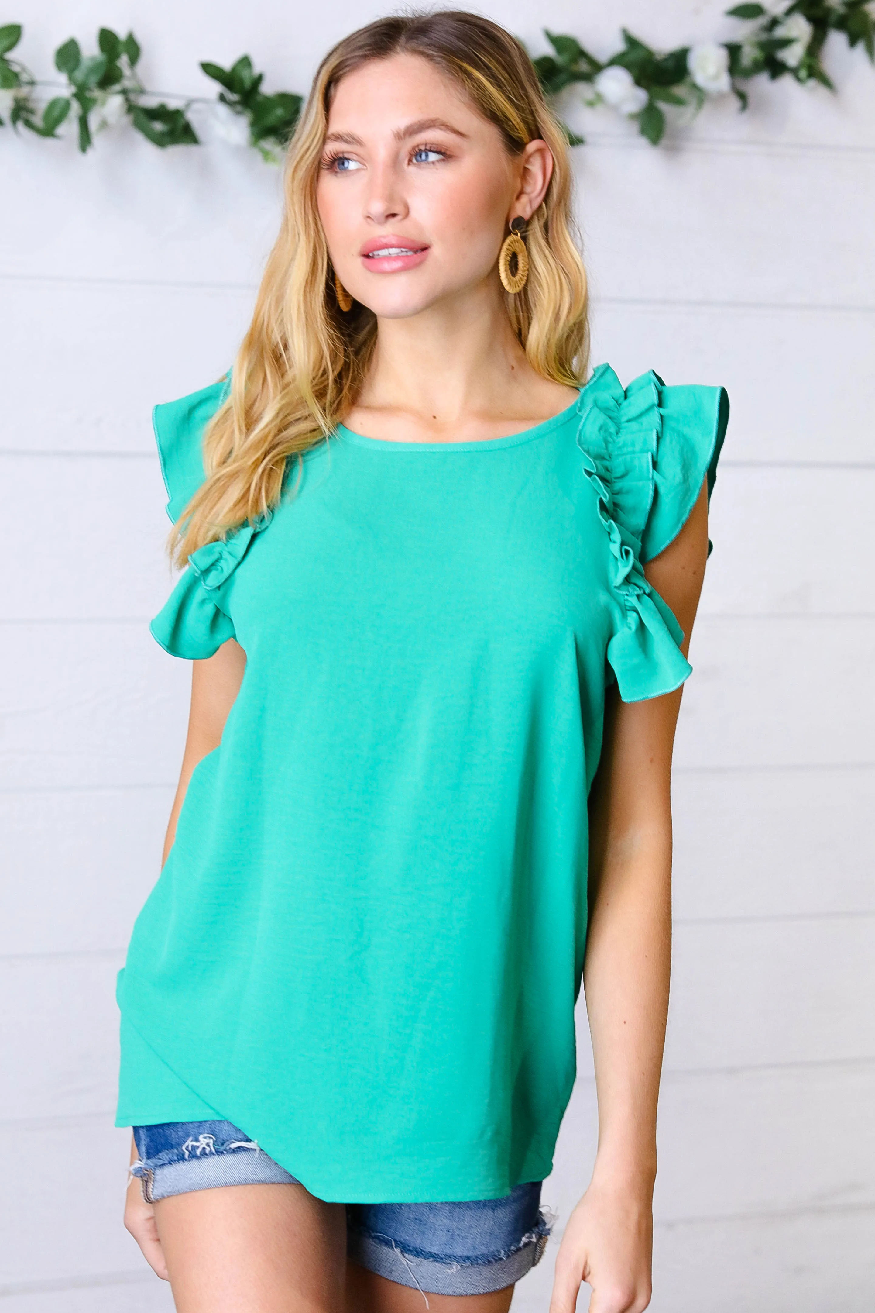 Kelly Green Double Ruffle Sleeve Crinkle Top (Open Pack)