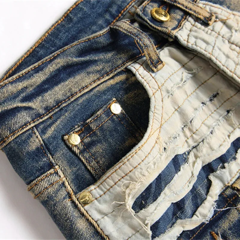 Men's Multi-Pocket Ripped Mid-Waist Slim Stretch Denims