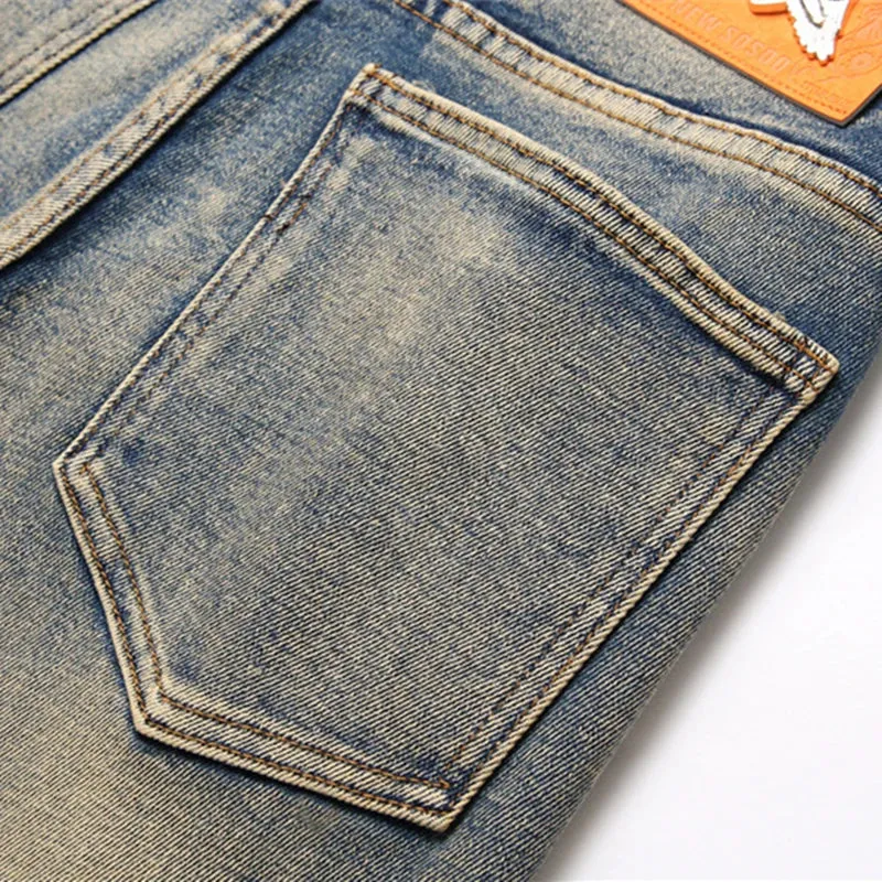 Men's Multi-Pocket Ripped Mid-Waist Slim Stretch Denims