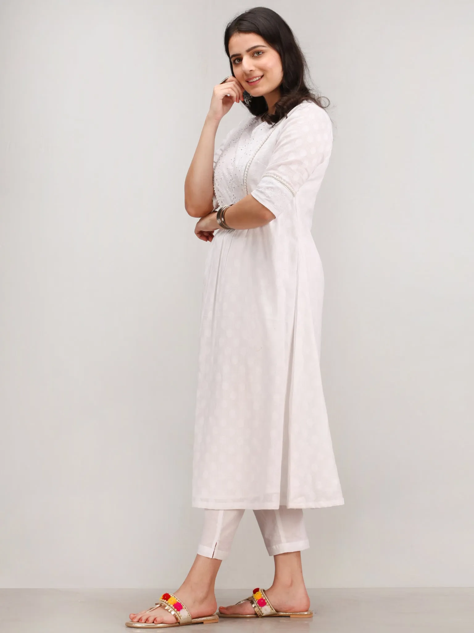 Noor Gulal - Self Emboss Work ALine Kurta Pant Set With Leheriya Dupatta - KS116AXXD6
