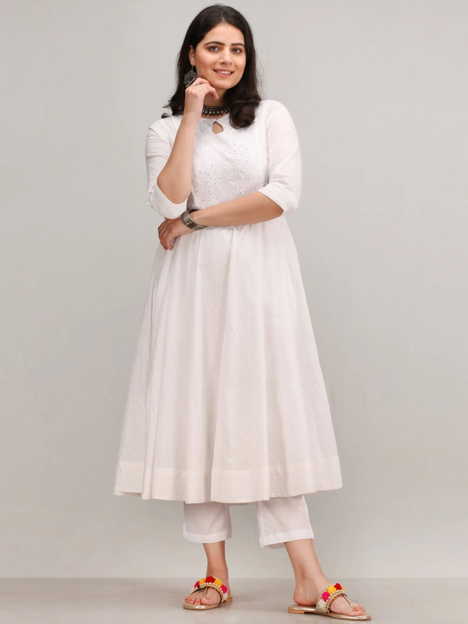Noor Maher - Self Embroidered Anarkali Kurta Pant Set With Mirror Work Dupatta - KS37AXXD2