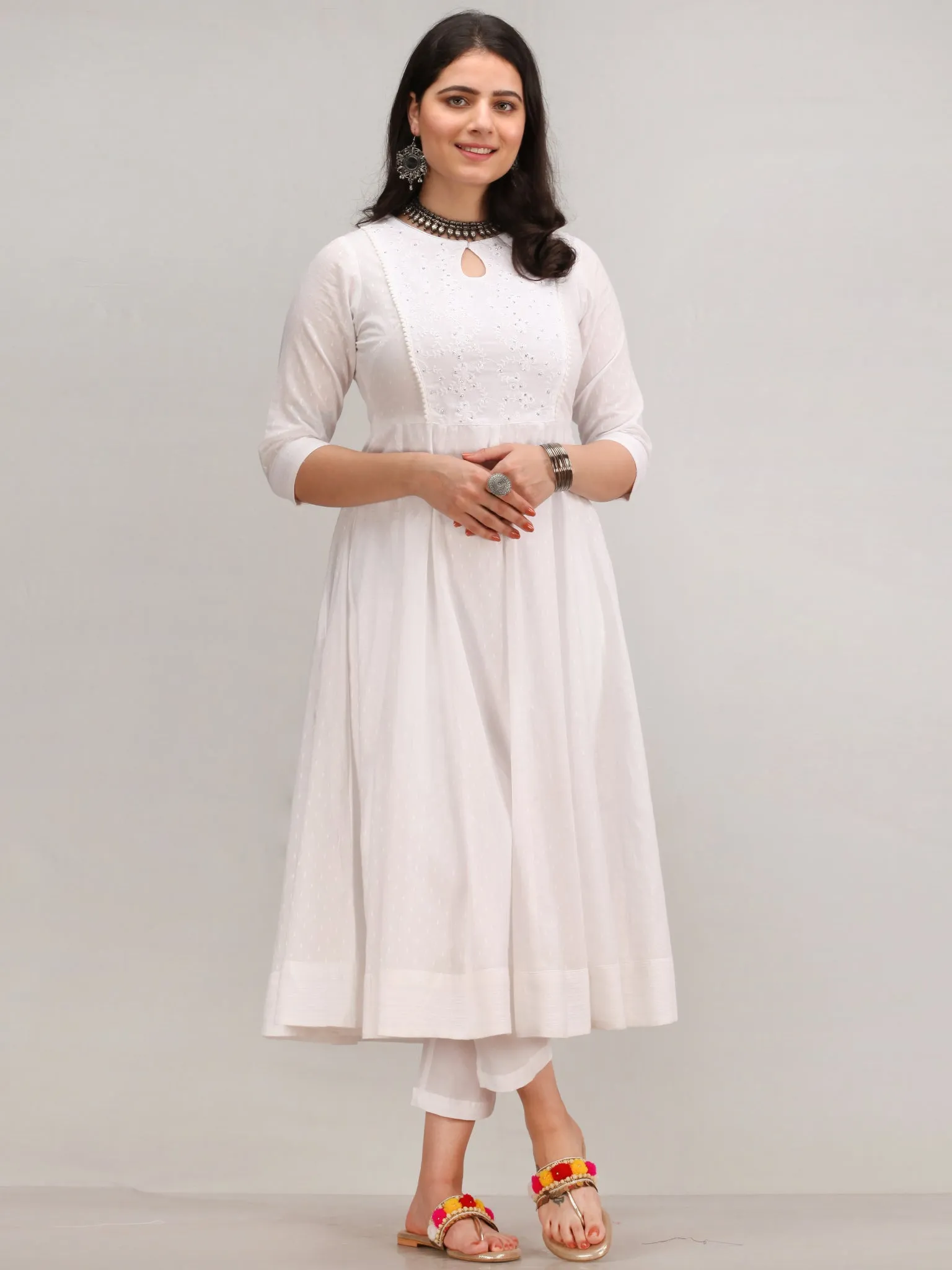 Noor Maher - Self Embroidered Anarkali Kurta Pant Set With Mirror Work Dupatta - KS37AXXD2