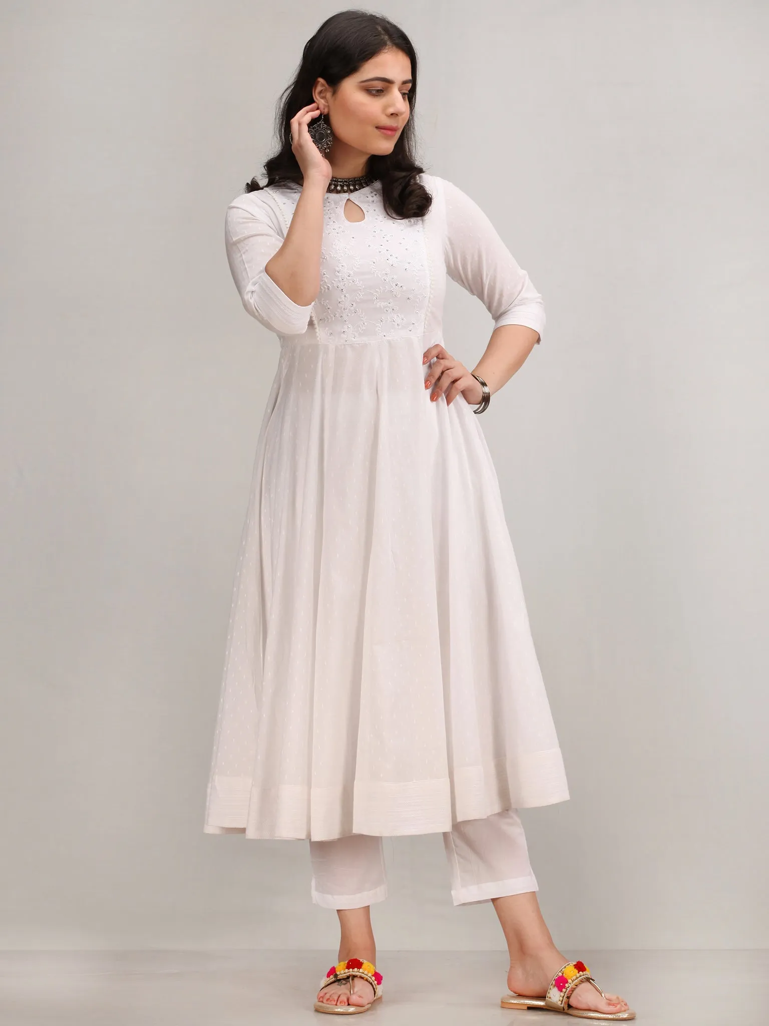 Noor Maher - Self Embroidered Anarkali Kurta Pant Set With Mirror Work Dupatta - KS37AXXD2