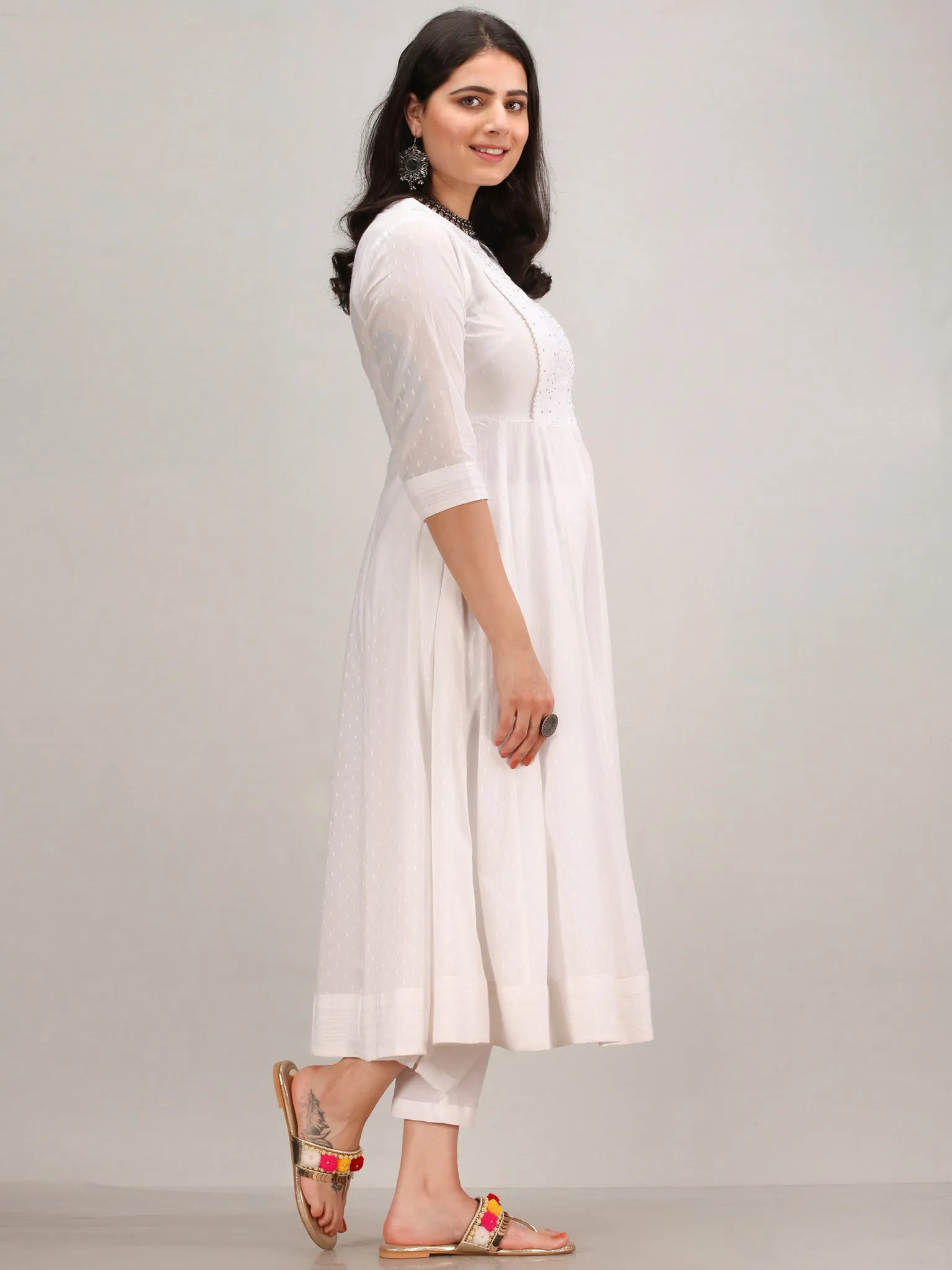 Noor Maher - Self Embroidered Anarkali Kurta Pant Set With Mirror Work Dupatta - KS37AXXD2