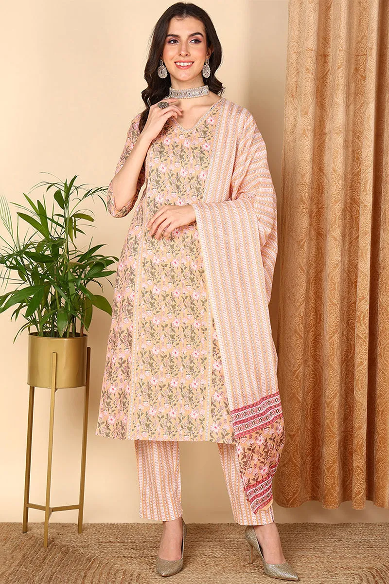 Peach Pure Cotton Floral Printed Straight Suit Set