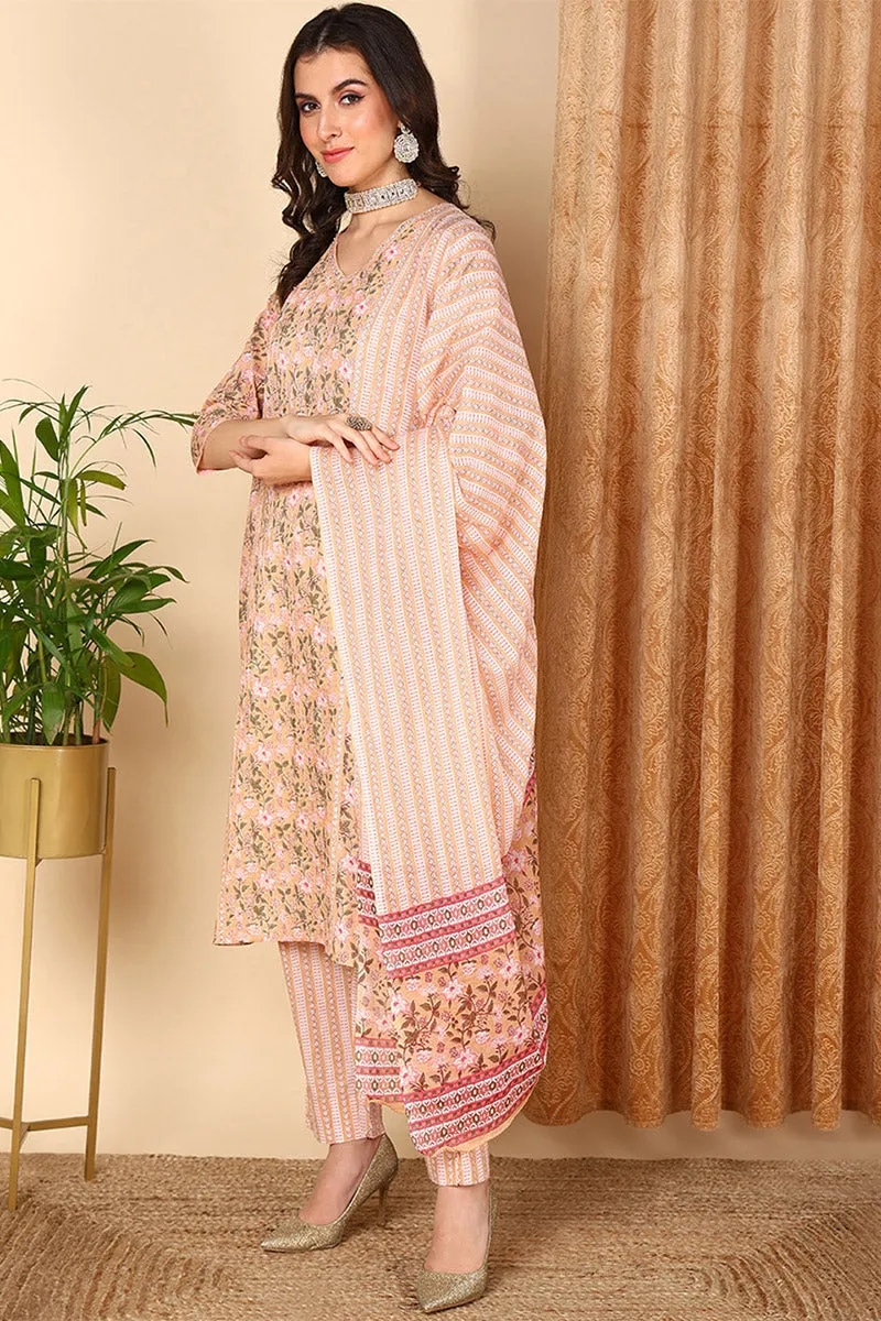 Peach Pure Cotton Floral Printed Straight Suit Set