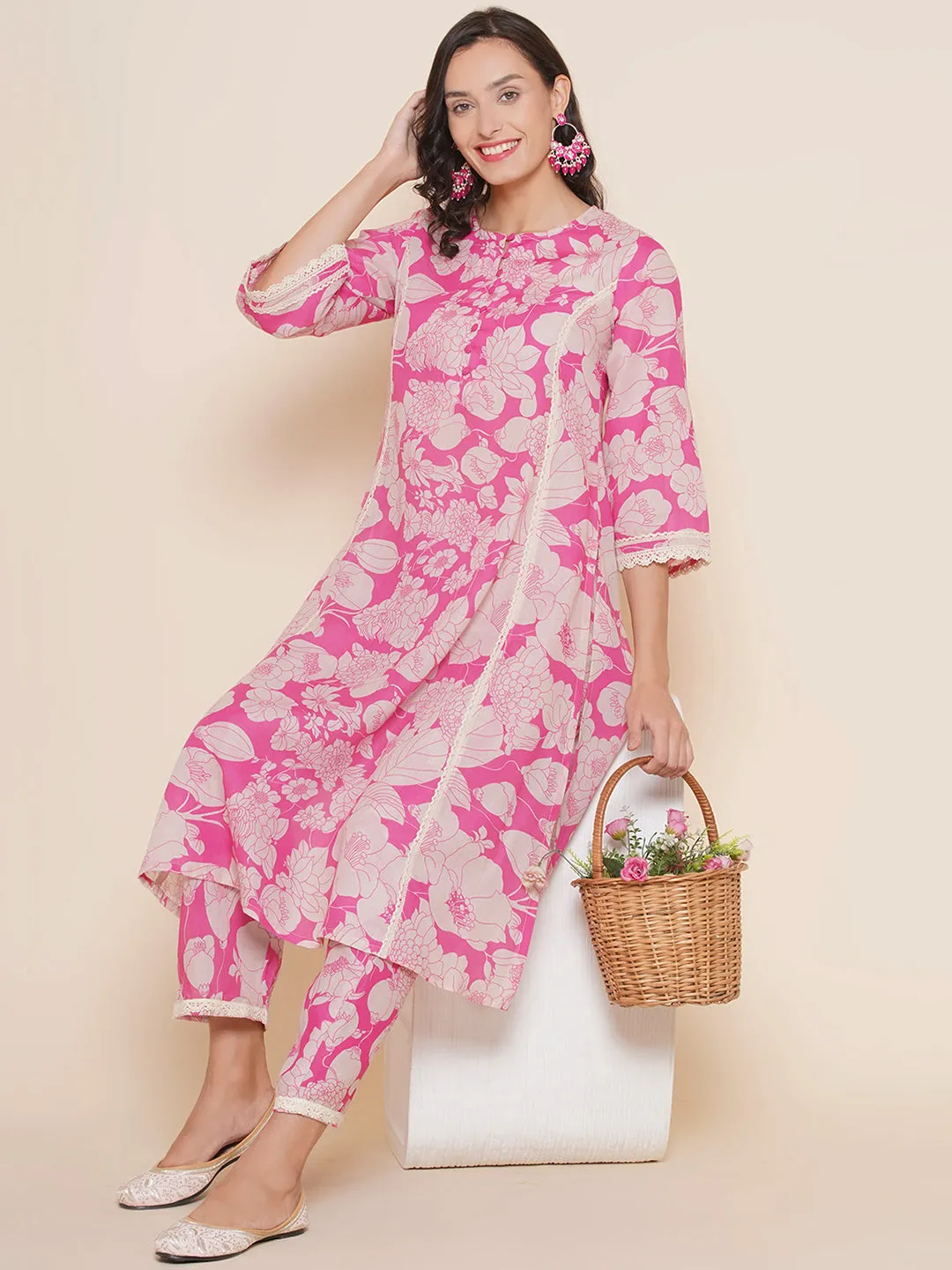 Pink Printed Lace Details kurta With Pink Printed Pants