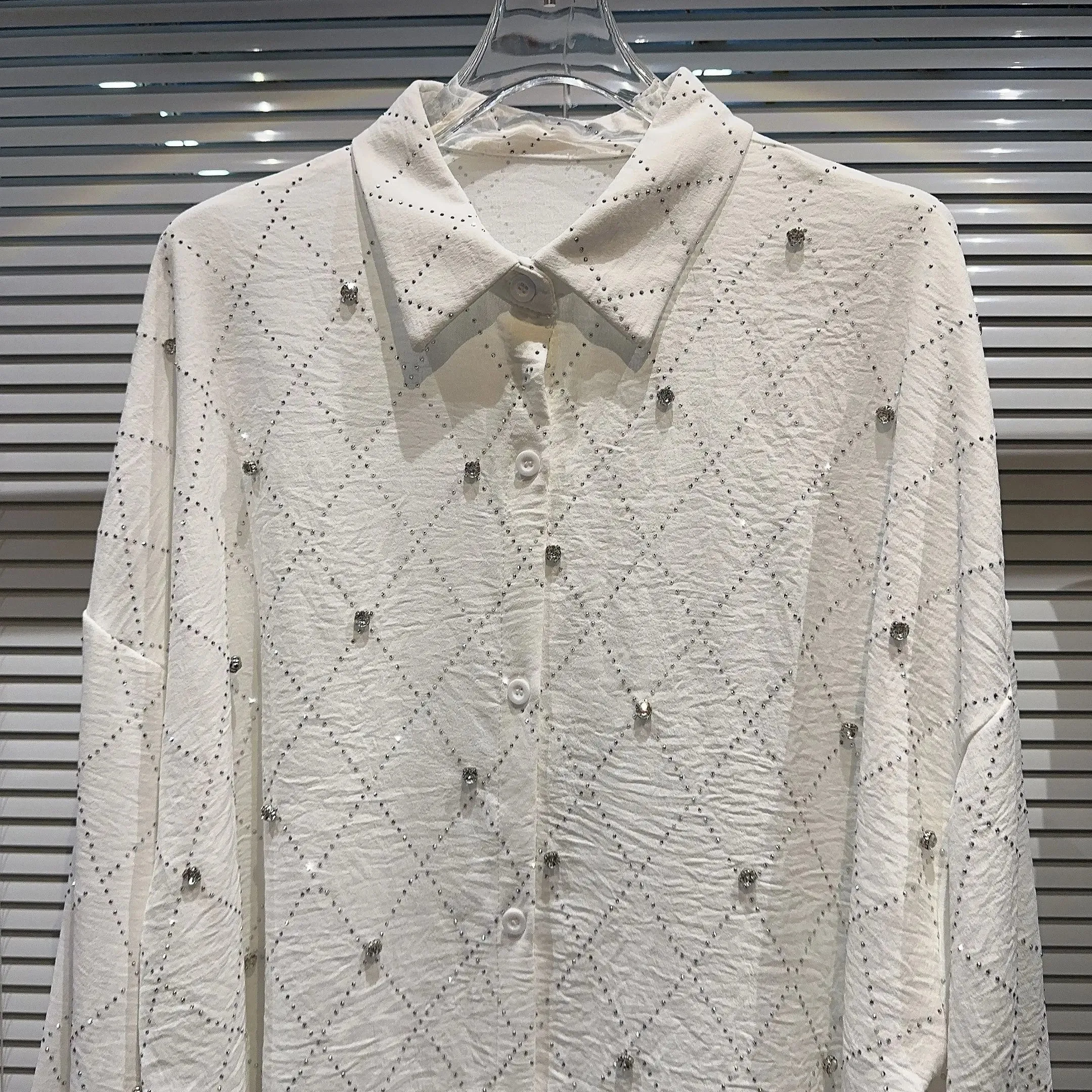 Pre Order:  Lattice Beaded Rhinestones Long Sleeves Top