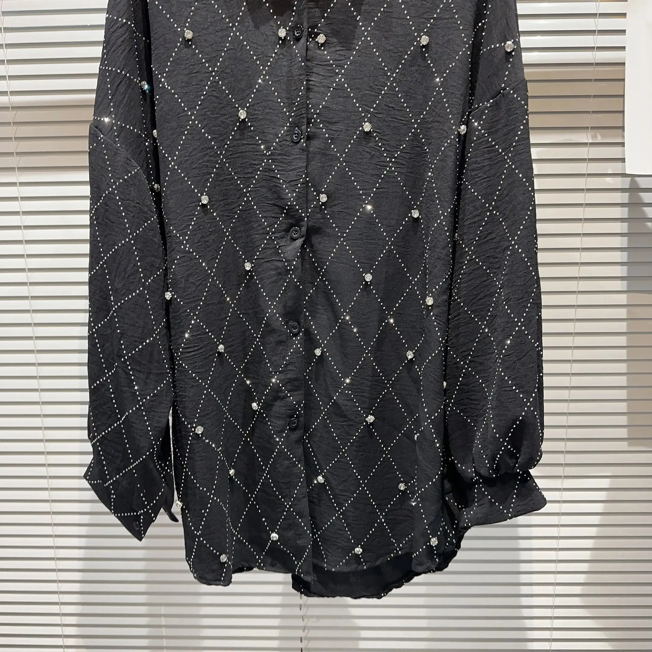 Pre Order:  Lattice Beaded Rhinestones Long Sleeves Top