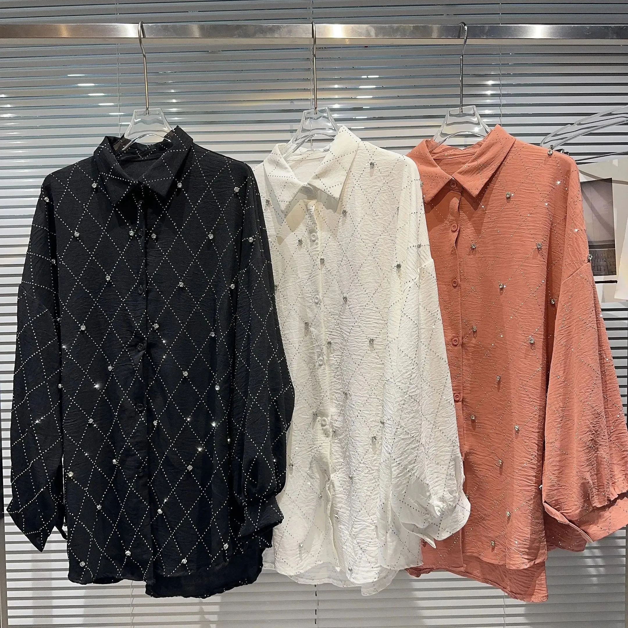Pre Order:  Lattice Beaded Rhinestones Long Sleeves Top