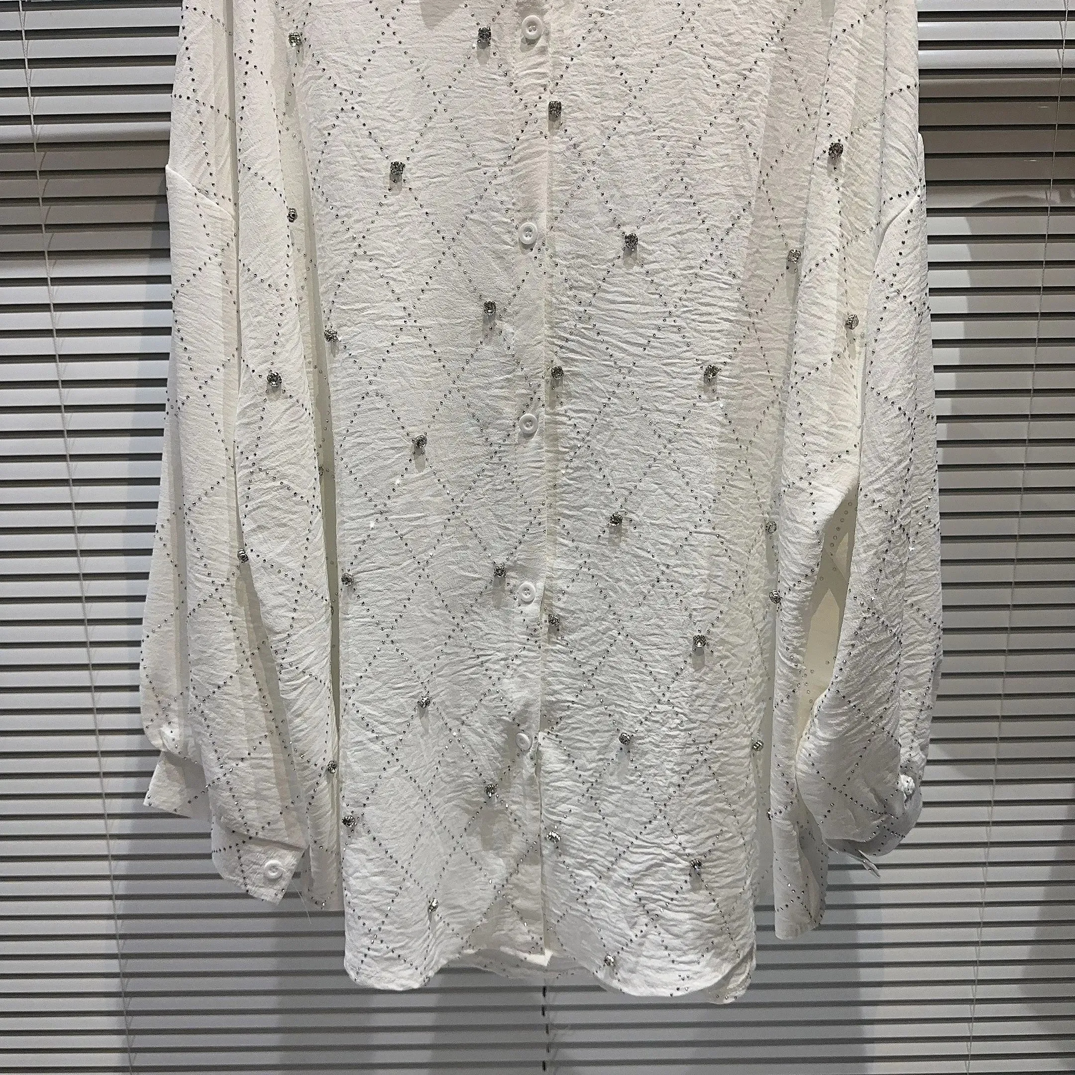 Pre Order:  Lattice Beaded Rhinestones Long Sleeves Top