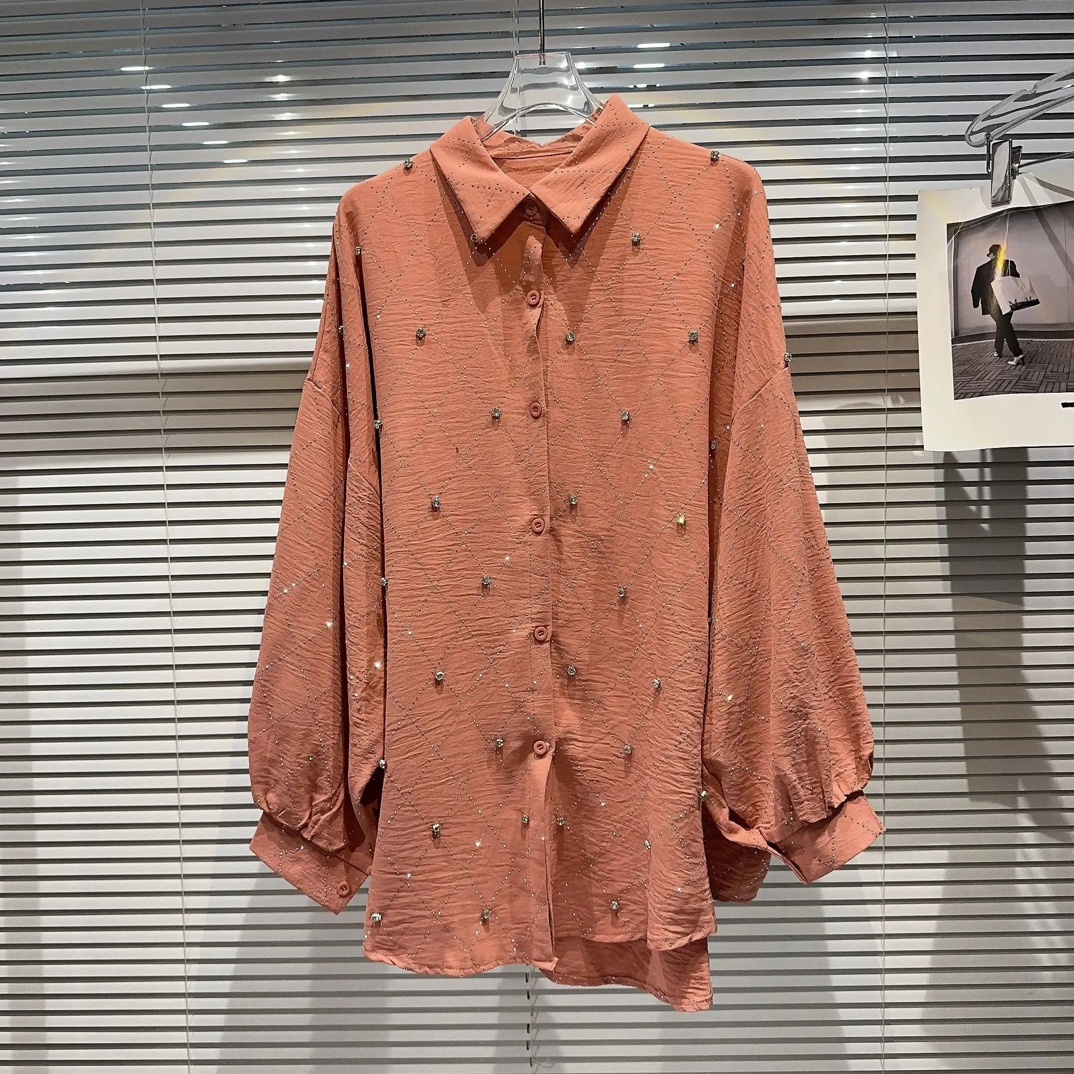 Pre Order:  Lattice Beaded Rhinestones Long Sleeves Top