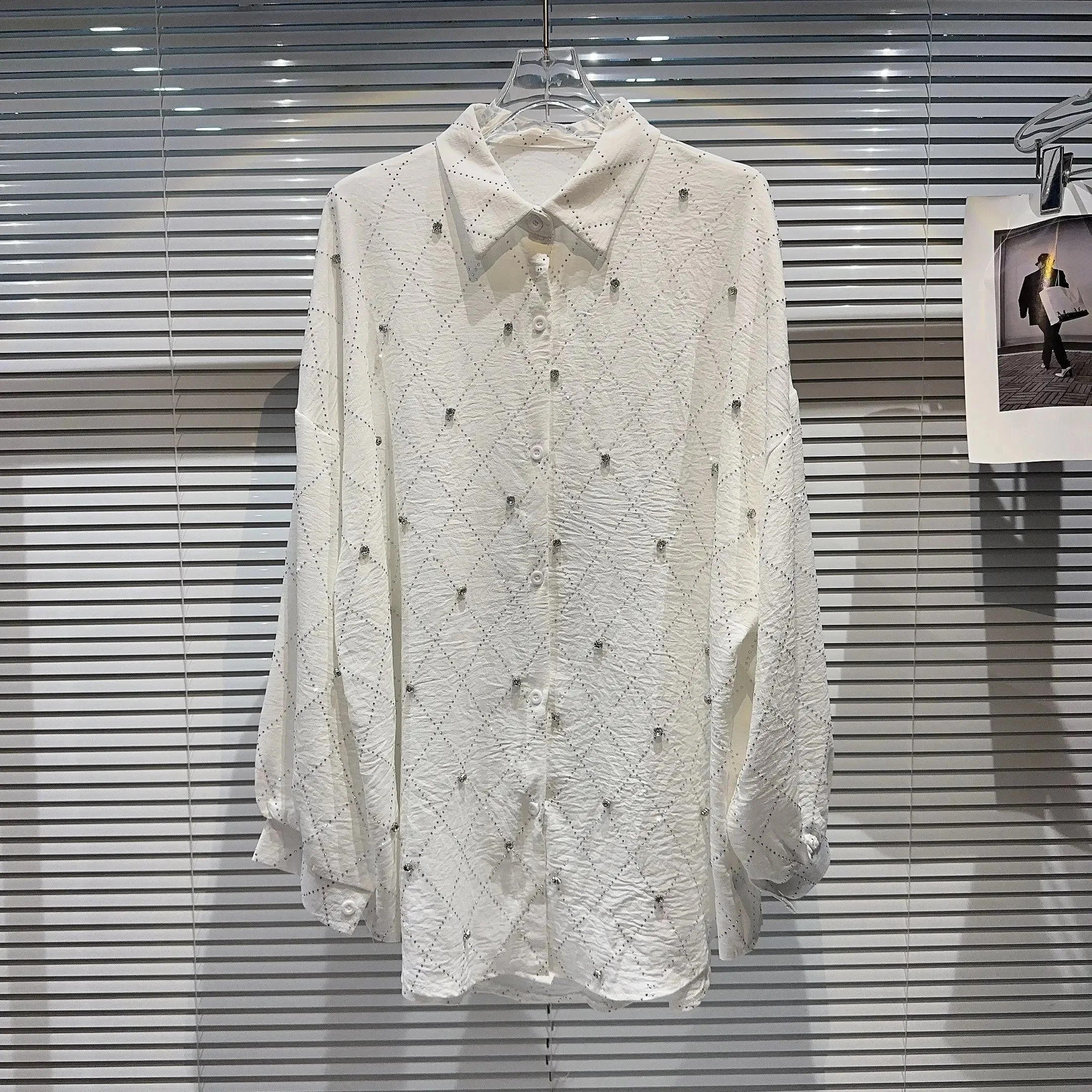 Pre Order:  Lattice Beaded Rhinestones Long Sleeves Top