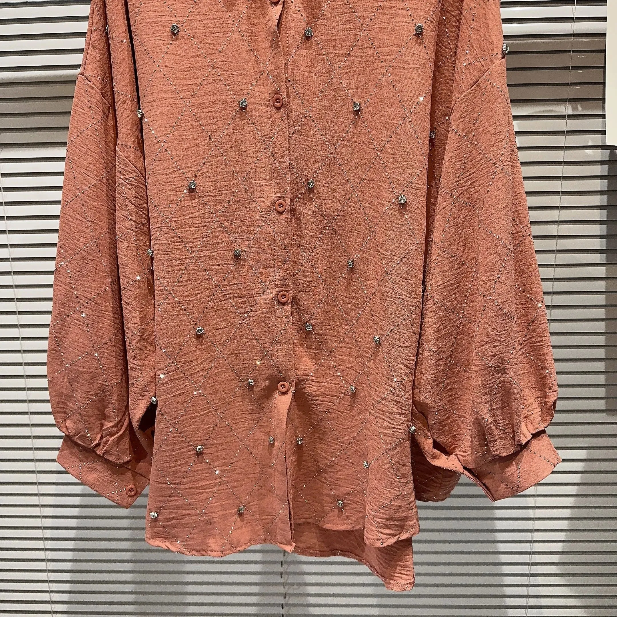 Pre Order:  Lattice Beaded Rhinestones Long Sleeves Top